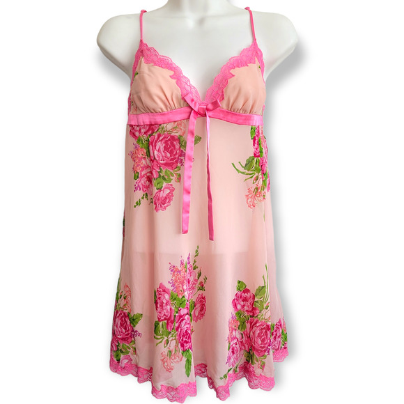 Betsey Johnson Dresses & Skirts - Betsey Johnson Vintage Pink Floral Babydoll Dress Lace Trim Size Medium